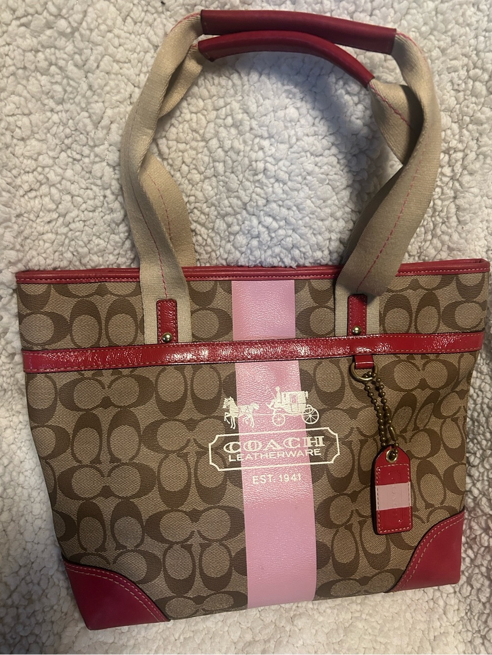 Coach Brown Signature Tote with Pink Accent Stripe